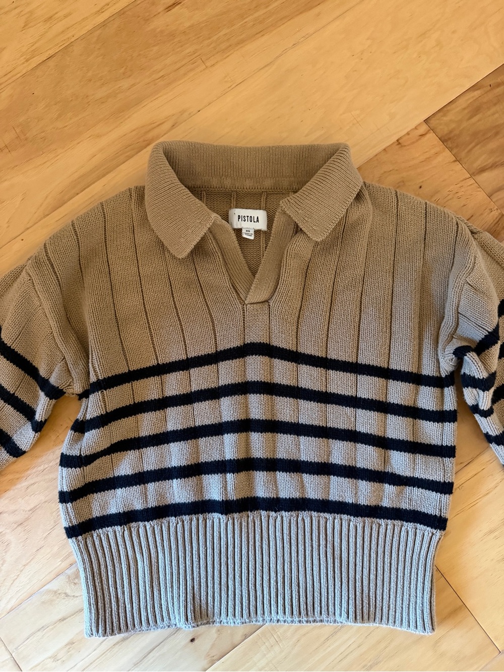 Pistola tan and Black Striped V-Neck Collared Sweater- excellent used condition - Picture 3 of 7